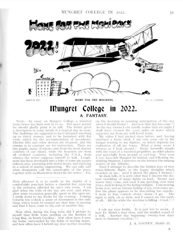 sjarchives's tweet photo. Written in 1922, pupil J. A. Cooney muses on 'Mungret College in 2022. A fantasy', from 'The Mungret Annual', and the fantasy of flying from Limerick, down the Shannon, to South Carolina. #EYATime https://t.co/qeeTFGBclr #ExploreYourArchive https://t.co/nIOdBwIkIH