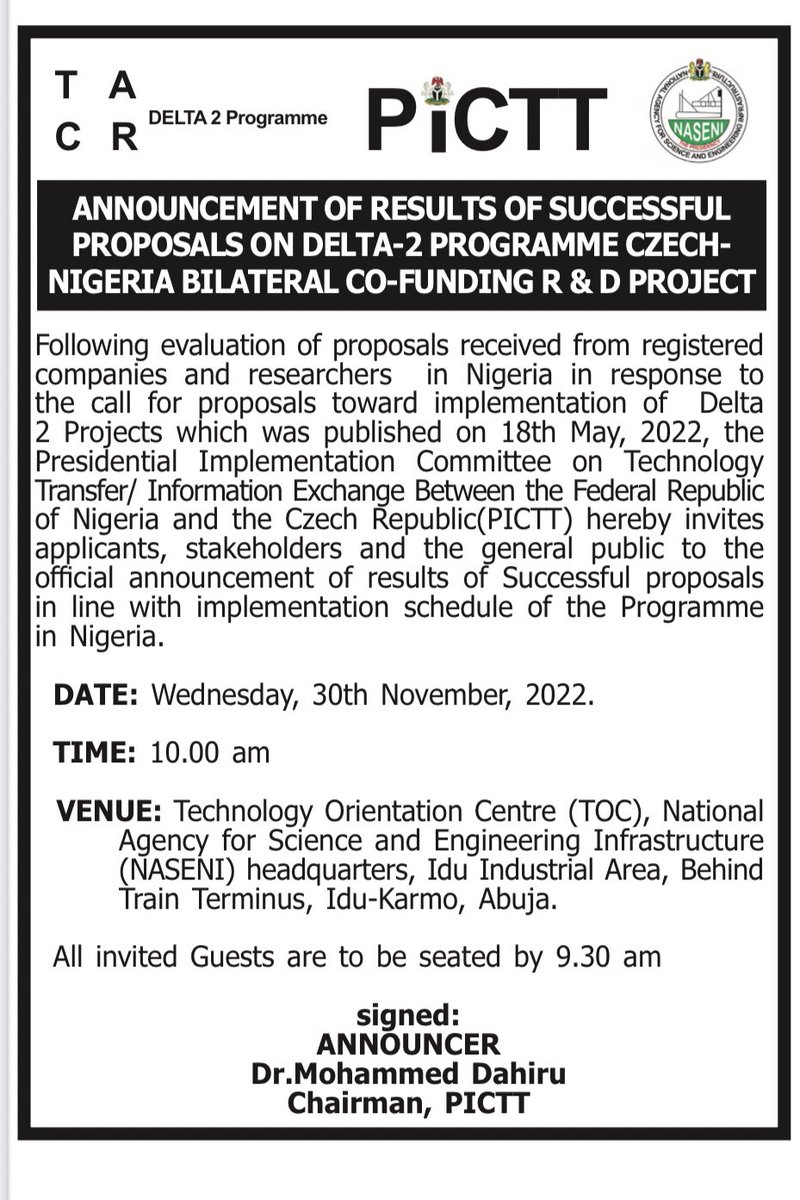 ArewaTwiter's tweet photo. TO WHOM IT MAY CONCERN. @pi_ctt is announcing the winners of the #Delta2Programme tomorrow. https://t.co/v3JapYCGUd