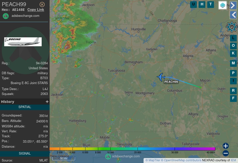 TheIntelFrog's tweet photo. USAF E-8C Joint STARS #AE148E is westbound out of Robins AFB, GA. https://t.co/Ugwa8XIZZY