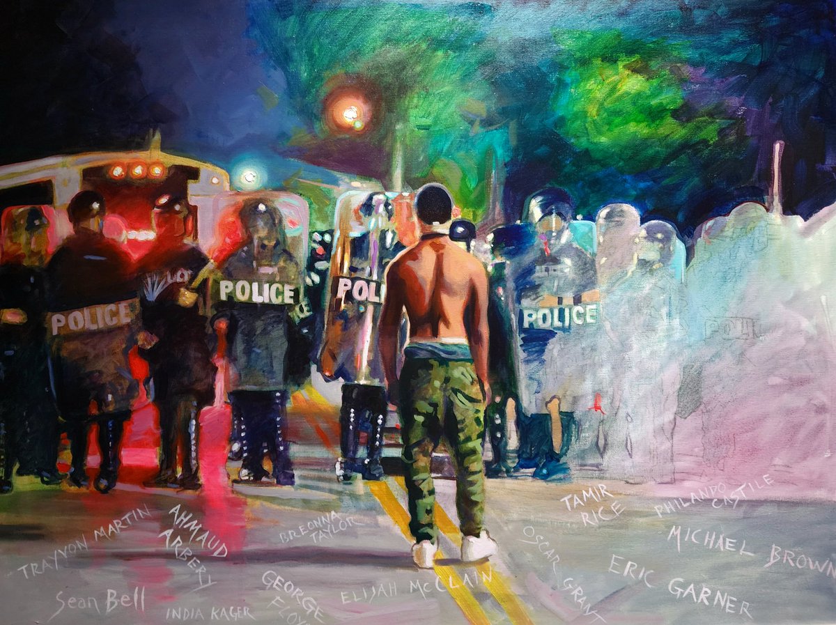 30x40 inch acrylic painting from the Summer of 2020. I was planning to finish painting the cops on the right side, but like the idea of them fading out. #BlackLivesMatter #ACAB #Portland #portlandprotests #art #painting