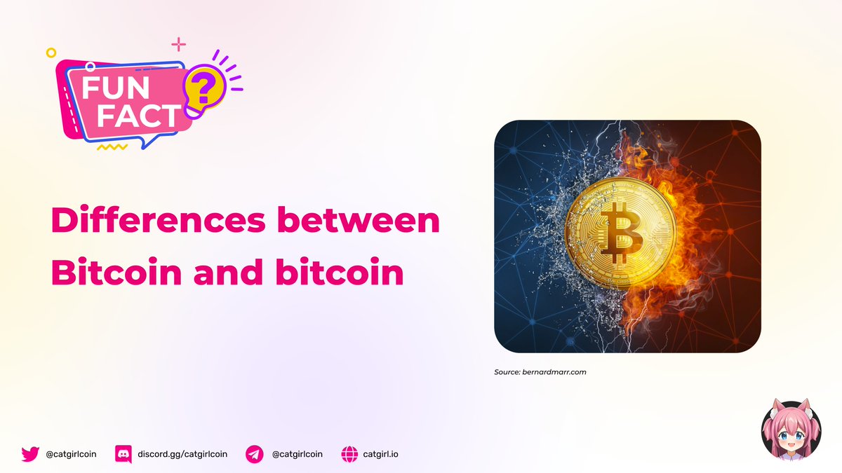 catgirlcoin's tweet photo. Bitcoin with the uppercase B refers to the #payment network &amp; ecosystem.
Ex: “We’re learning about #Bitcoin.”
Bitcoin, with the lowercase b refers to the currency itself
Specifically in reference to the amount of transaction
Ex: “I just sent a few #bitcoins to your wallet.”
#BTC https://t.co/JTCUoARcrm
