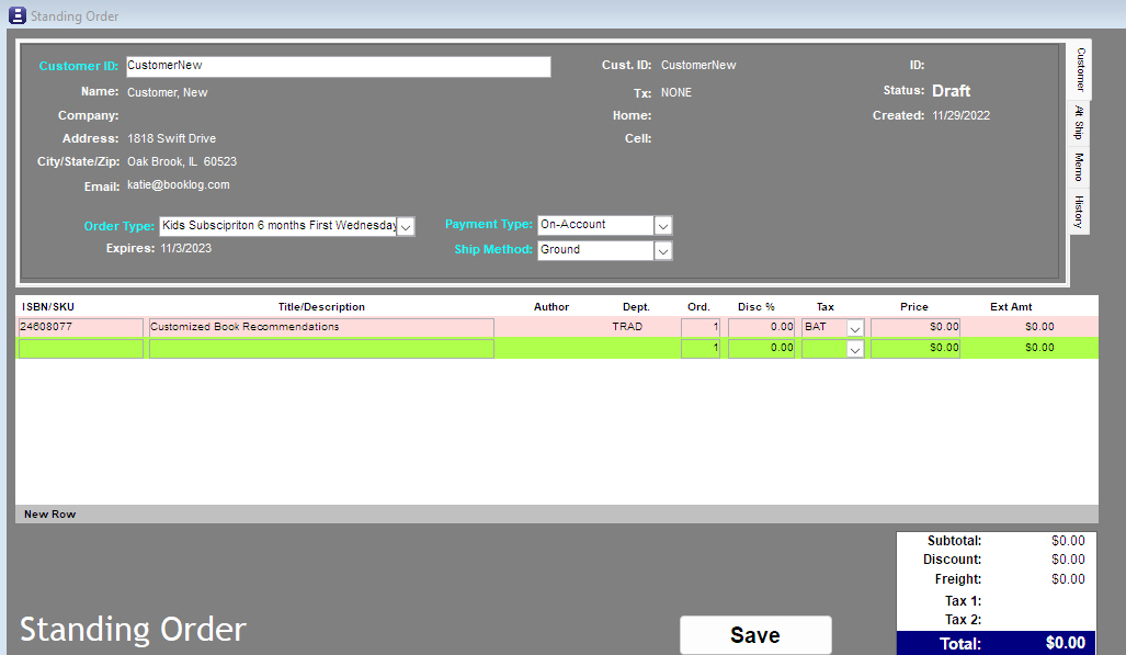 BooklogPOS's tweet image. Use the Standing Orders module to record customized subscriptions.  Since the items differ for each person, put a "filler" item in the special order and add titles to newly generated mail orders each month.  Thanks to @BettysBooksSTL for the idea!
#TechTips #BookSubscriptions