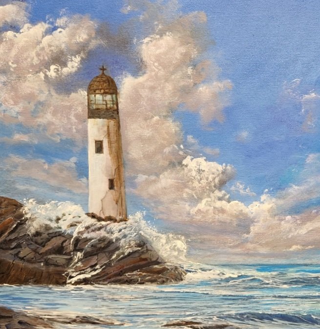 jryates1313's tweet photo. I'm starting to add lighthouses and towers to my seascapes. This painting has an interesting feel for the directional flow of the sky and the water. Something coming forward while something else pulls you away. https://t.co/XhAQVtuZwF