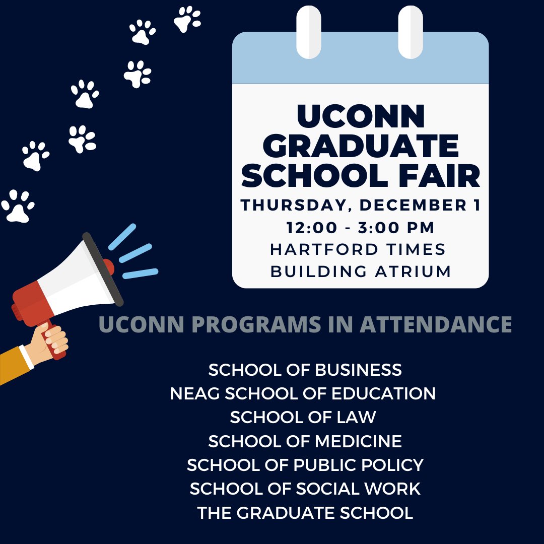 Don't miss the UConn Graduate School Fair this Thursday, Dec. 1, from 12:00-3:00pm. Location: Hartford Times Building Atrium. The @UConnSocialWork team will be there along with @UConnBusiness, @UConnNeag, @UConnLaw, @UConnSPP, and UConn School of Medicine. See you there!