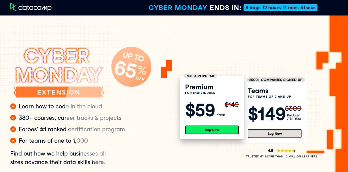 65% OFF! - #CyberMonday SALE EXTENDED at  #DataCamp!

Claim offer: datacamp.pxf.io/7mqy9A

One of the best eLearning portals out there, DataCamp is offering Annual Subscriptions for $59!
 #datascience #tableau #python #machinelearning #powerbi #datafam #CyberMonday2022 #Azure