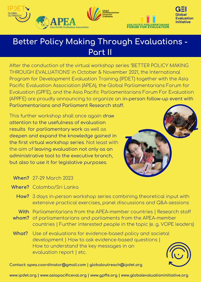 IOCE_eval's tweet photo. 🧐Are you a parliamentarian from the Asia Pacific region or do you work as a parliament research staff?Apply to this on-site evaluation capacity building training organised by @IPDET_community @APEAeval #APPFFE &amp; @eval_gpf 

Apply 👉https://t.co/zeWskTdCAc
Deadline: 9 Dec 2022 https://t.co/WtPSYEQPO3