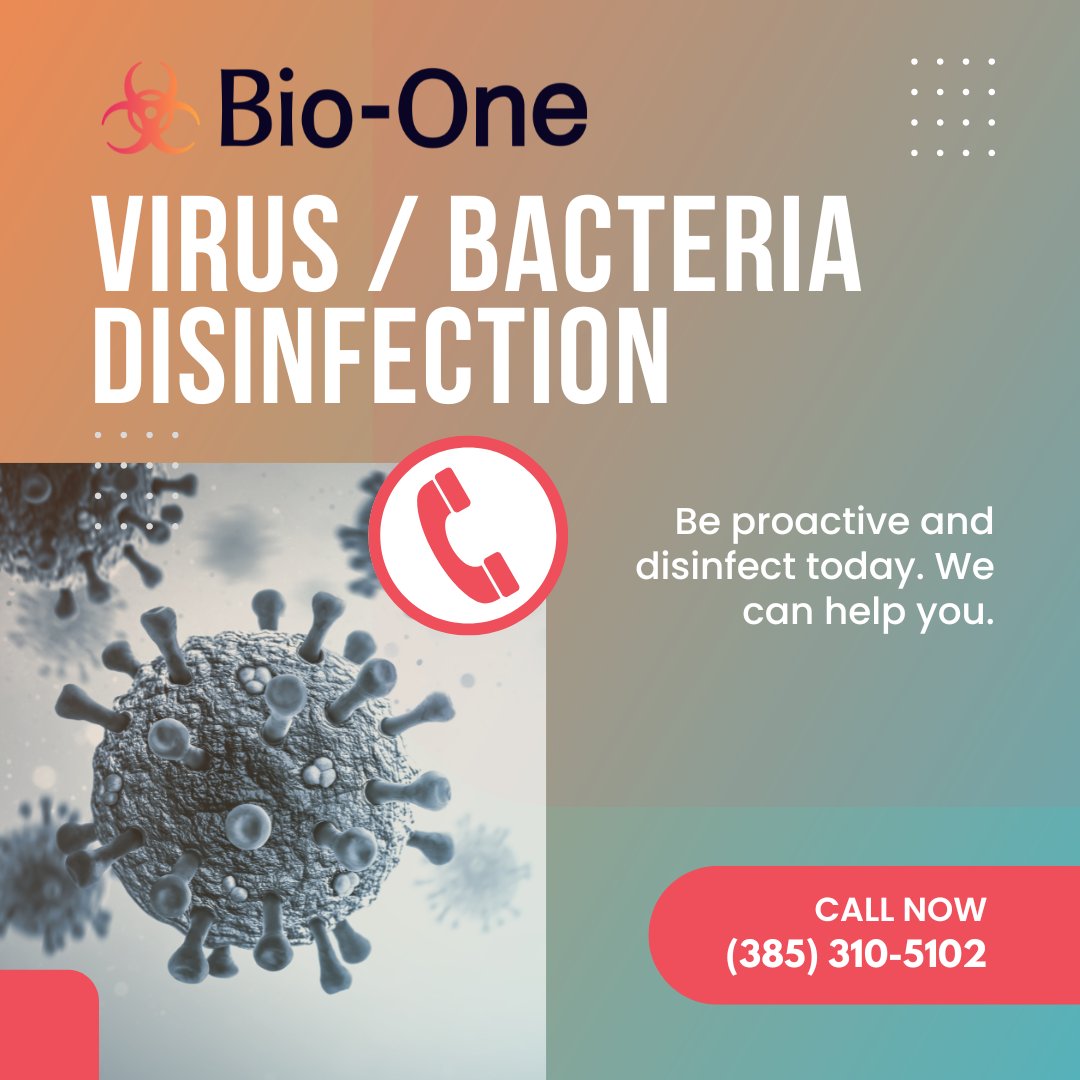 BioOneUtah's tweet image. Bio-One of Utah is a trusted leader in the decontamination industry. We employ certified technicians to disinfect bloodborne pathogens, viruses, and bacteria that may be present.