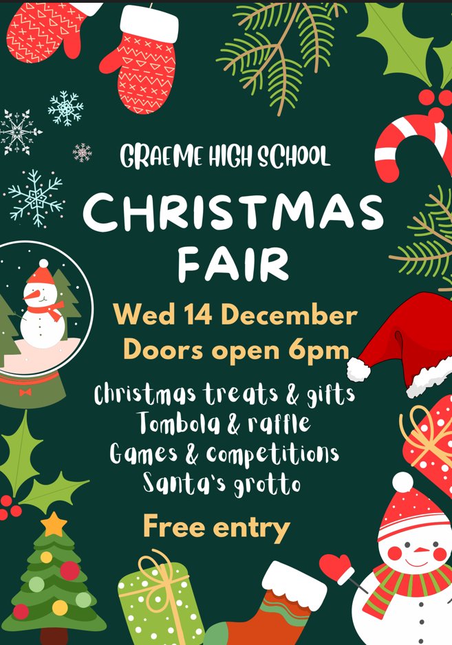 The Graeme High School Christmas Fair is back and better than ever! Come along and grab some unique gifts and treats, visit Santa’s Grotto and enjoy some fun activities. Don’t miss out and get yourself in the Christmas spirit. We look forward to seeing you!