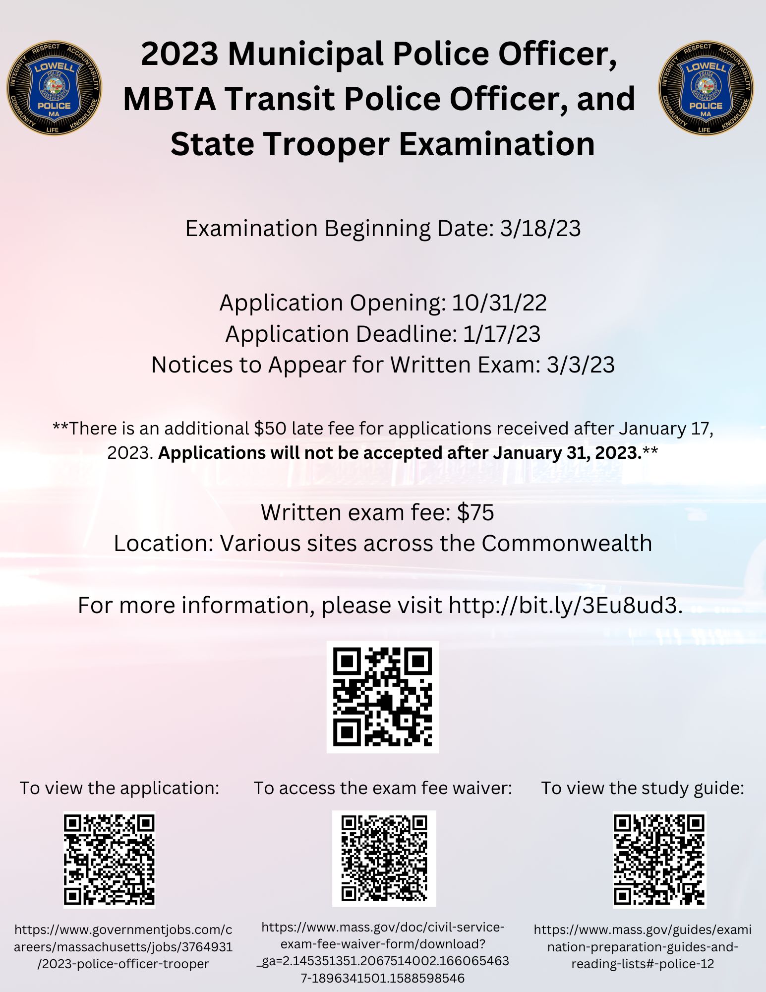 Lowell PD on Twitter: "Reminder: The 2023 Municipal Police Officer, MBTA  Transit Police Officer, and State Trooper Exam application deadline is  1/17/23. LPD 6 https://t.co/H3rzIx2nTr" / Twitter