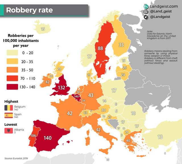 Map of robbery rate in Europe.