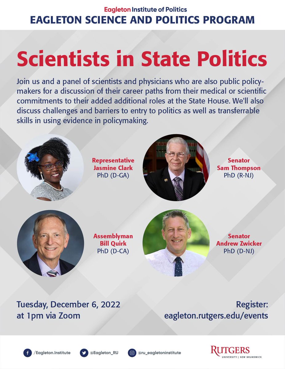 👉Scientists in State Politics👈

Joins us for a conversation with four scientists-policymakers about their careers, challenges &amp; opportunities in entry to politics, and how they use their backgrounds in evidence-based policymaking

Dec 6th, 1pm ET on Zoom

More info🧵