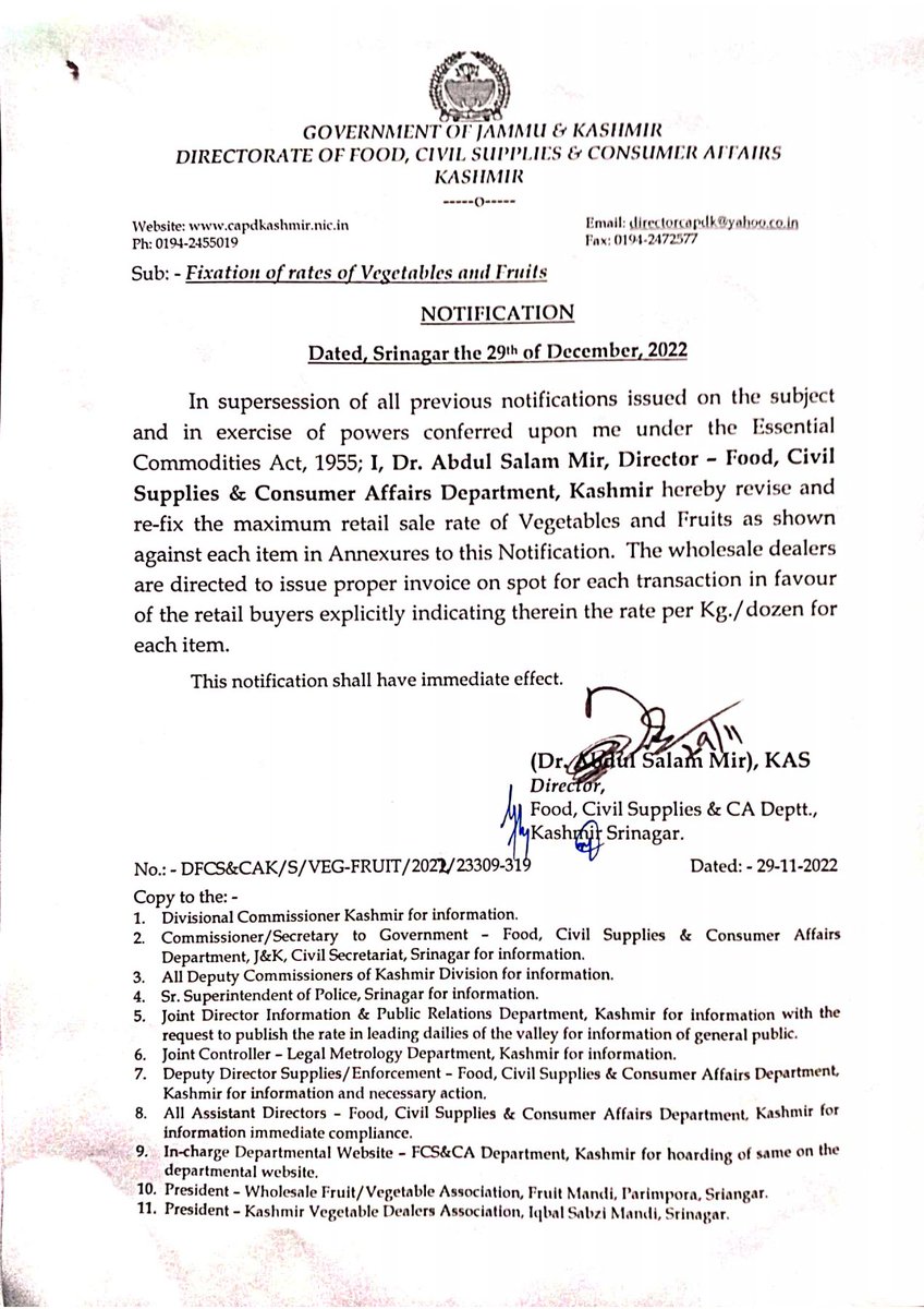 FCSCABUDGAM's tweet photo. Revised &amp; Refixed rates of Vegetables &amp; Fruits w.e.f 29-11-2022.
@DC_Budgam 
@dicbudgam @diprjk 
@OfficeOfLGJandK https://t.co/aMaIqiTraC
