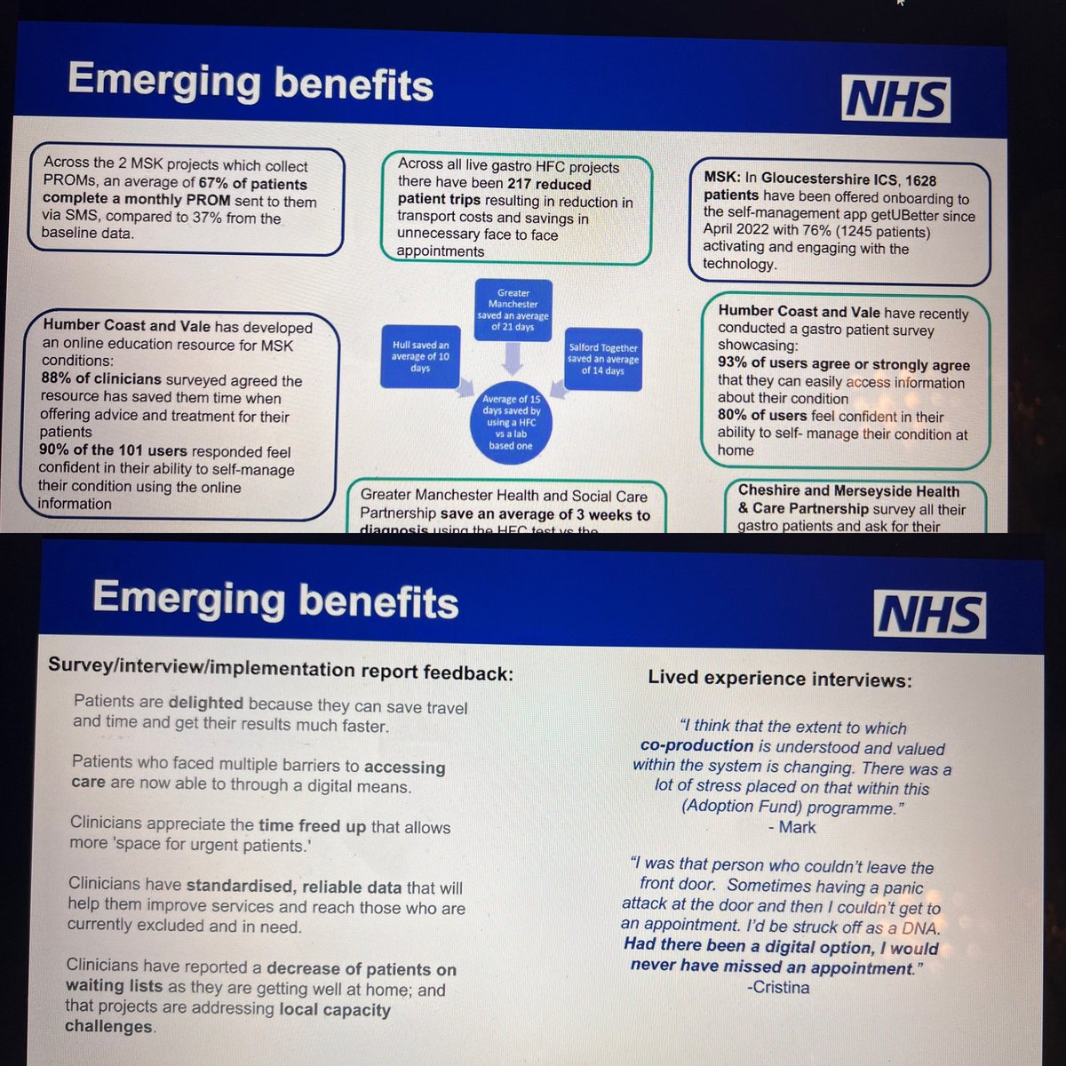 It’s still early days but some great examples here of emerging benefits from use of technology in gastro and MSK pathways. Thanks to everyone who has worked on the programme at national, regional and local level! #NHSInnovCollab
