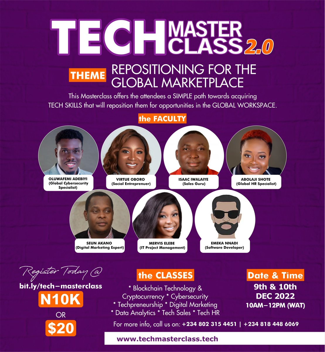 MasterclassTech's tweet image. If you have not registered for the Tech Masterclass 2.0, you are wrong.

With this awesome faculty ready and raring to download valuables to participants, it&apos;s a MUST-ATTEND!

Register at: bit.ly/tech-mastercla…

#tech #techmasterclass #kuda #asuu dominos aisha buhari first lady