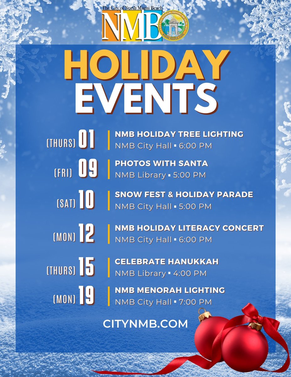 CityNMB's tweet photo. We're happy to share our fun line-up of holiday events! Mark your calendars and make sure you don't miss all of the joyous events happening at our City Hall building and the NMB Discovery Library. #IamNMB #HappyHolidays https://t.co/RG6i9ZsXNI