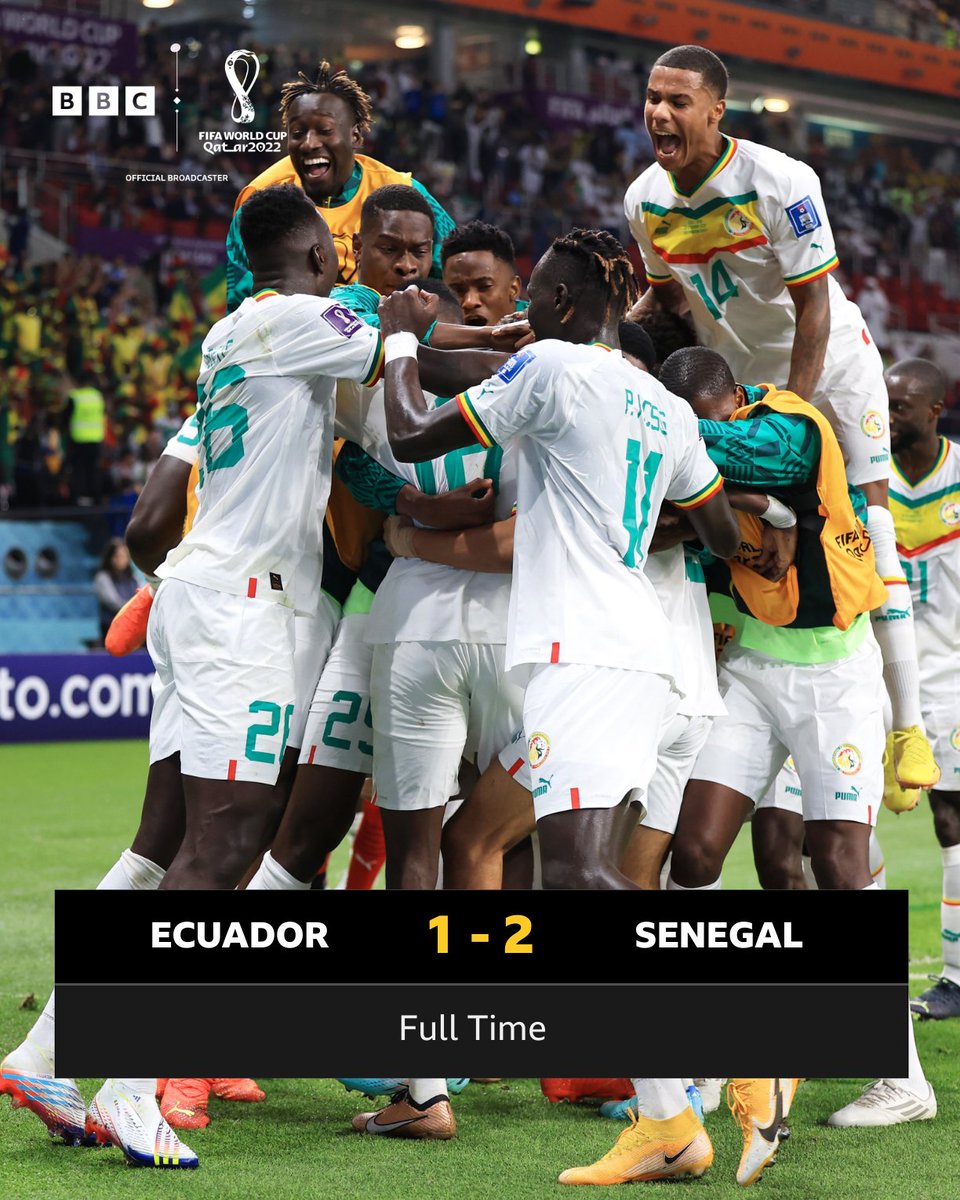 BBCSport's tweet photo. SENEGAL HAVE DONE IT! 🇸🇳 

The Lions of Teranga have booked their spot in the last 16 of the Qatar #FIFAWorldCup 

#BBCFootball #BBCWorldCup https://t.co/FRNA2HXgBH