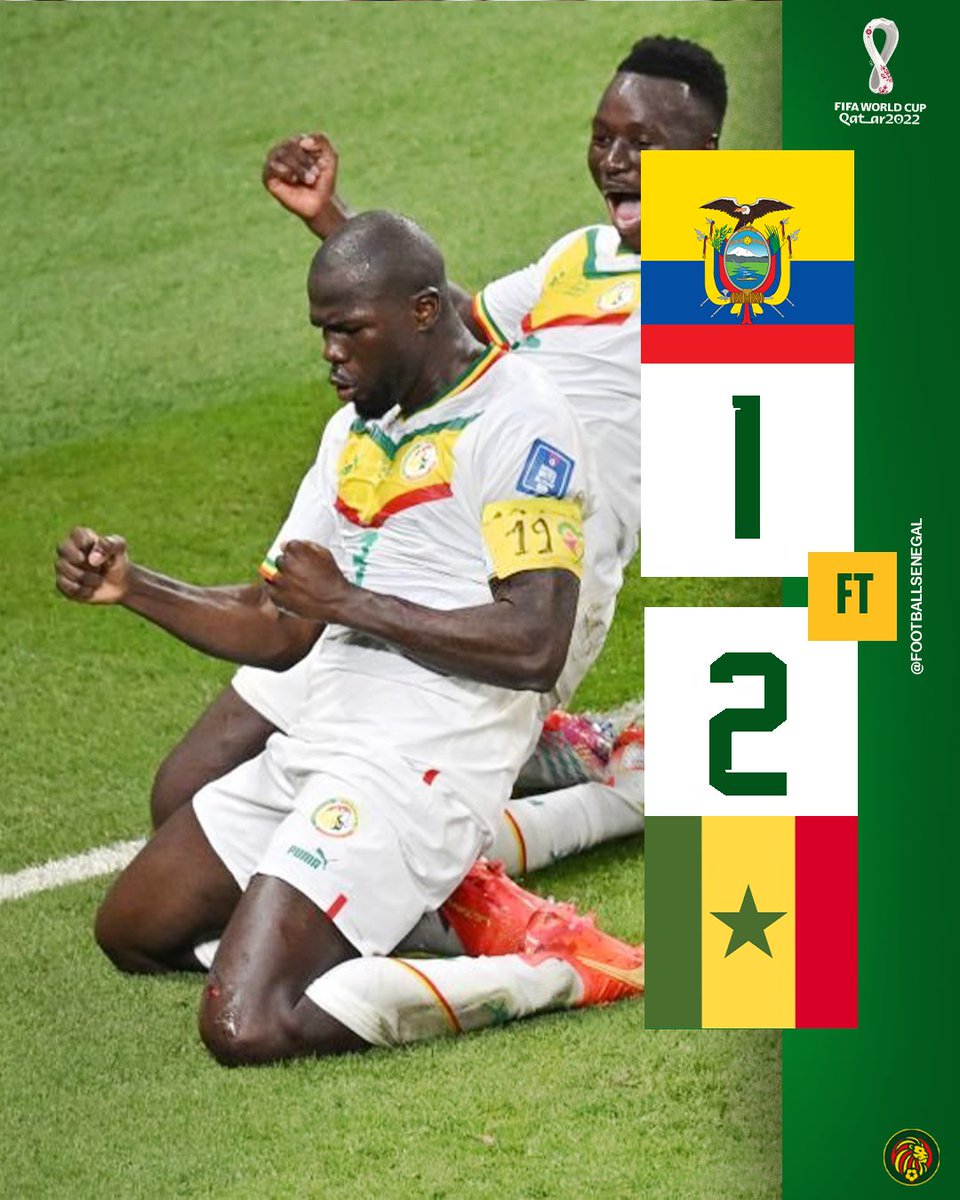 LiveScoresPH's tweet photo. The Lions of Teranga roared. RT @FootballSenegal: ✅ JOB DONE! ✅
On to the round of 16. 🏆
2 🇸🇳 VS 🇪🇨 1
#SenEcu #Senegal #FIFAWorldCupQatar2022
@FIFAWorldCup @kkoulibaly26 https://t.co/7jbRrBVnoD https://t.co/7fv6EC8rQ0