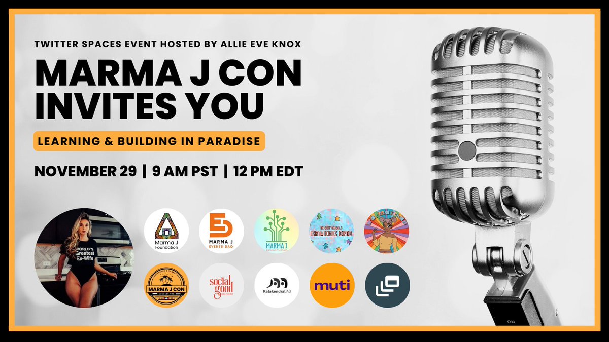 ⏰ HAPPENING NOW ⏰

Tune into <a href="/allieeveknox/">Allie Eve Knox</a> and <a href="/itsmarmaj/">Marma J Foundation | marmaj.near | marmaj.eth</a>'s Twitter Space "MARMA J CON INVITES YOU: Learning &amp; Building in Paradise" 🌴

Join us NOW: zcu.io/xVBQ 

@chloethedev <a href="/CollectiveMuti/">muti.collective</a> <a href="/KalaKendraDAO/">KalakendraDAO</a> <a href="/near_multicall/">multicall.near</a>

#MARMAJCON