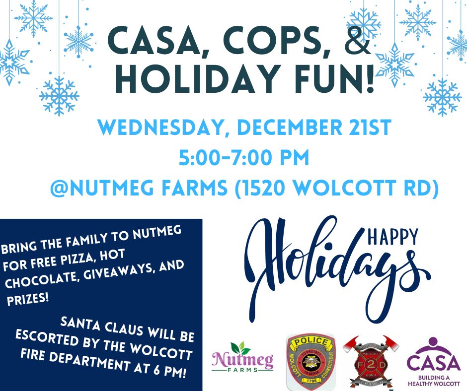 NutmegFarms's tweet photo. Santa Claus is coming to town! 🎵 
Save the Date- Wednesday, December 21st from 5PM-7PM at Nutmeg Farms. We'll have FREE PIZZA &amp; HOT CHOCOLATE along with special giveaways and prizes from Wolcott CASA. 
Santa will be escorted by the Wolcott Fire Department at 6 PM. 🚒🎅🎄 https://t.co/jEdyMQsGqt