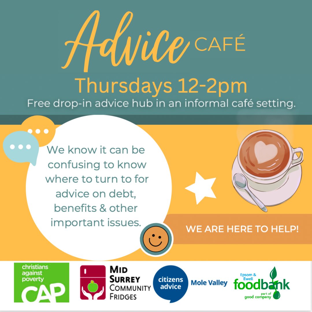 leatherheadhub's tweet photo. Get FREE advice and #support at our @citizensadvice Cafe every Thurs @ 12pm. We know debt, benefits &amp; other important issues can be confusing, thats why they're offering free, confidential and impartial advice.
https://t.co/lLGNlLr0yI
#support #fundraising #advice #citizensadvice https://t.co/BqOxbJnnxN