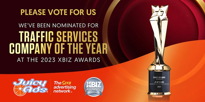 Very proud to be nominated for Traffic Services Company of the Year at the 2023 @XBIZ Awards🧡! Thanks<a href="/tag/keepitjuicy"class="tags"><span>#keepitjuicy</span></a><a href="/tag/onlineadvertising"class="tags"><span>#onlineadvertising</span></a><a href="/tag/trafficservi"class="tags"><span>#trafficservi</span></a>