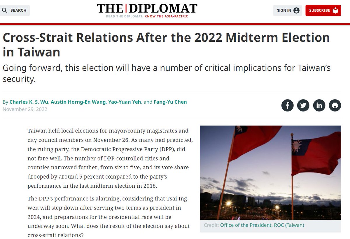 Our general analysis of the 2022 local election in Taiwan is in <a href="/Diplomat_APAC/">The Diplomat</a> 
With <a href="/yeh2sctw/">Yao-Yuan Yeh</a> , <a href="/FangYu_80168/">Fang-Yu Chen</a> , and <a href="/wupolisciusa/">Charles K.S. Wu</a> 
<a href="/UNLV/">UNLV</a> <a href="/UNLVPoliSci/">UNLV PoliSci</a> <a href="/UNLVLiberalArts/">UNLV Liberal Arts</a>  

thediplomat.com/2022/11/cross-…