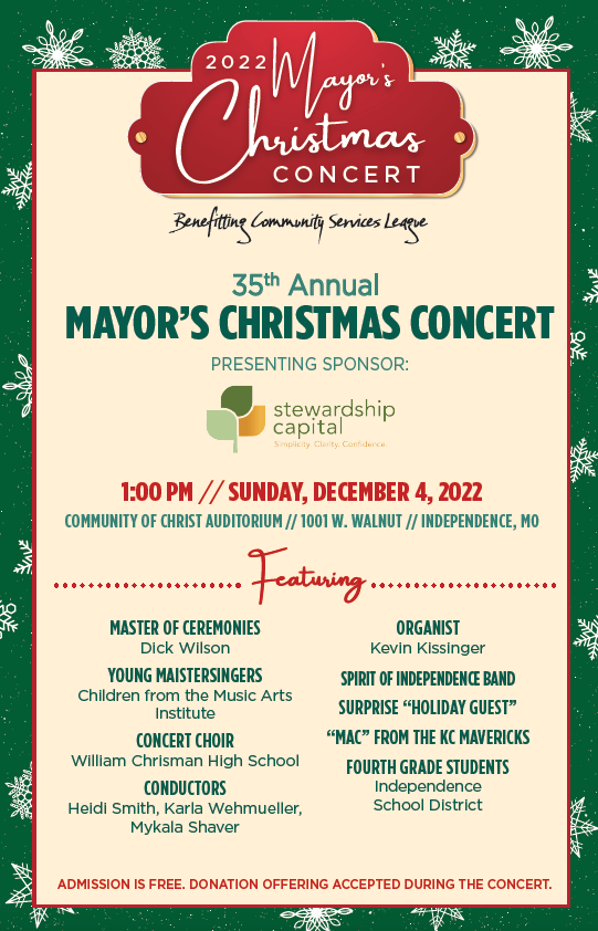 Don't miss the 35th Annual Mayor's Christmas Concert on Sunday, December 4th at 1 p.m. at Community of Christ Auditorium! The concert will feature ISD fourth grade students, the William Chrisman Concert Choir and a surprise holiday guest! #isdstrong