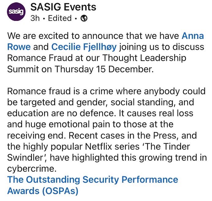 How wonderful is this 😁. It’s such a wonderful opportunity from @SASIGEvents to help deepen the wider understanding behind this unique emotional fraud. Can’t wait to partner up with @ceciliefjellhoy again for this! #ospa #sasig #romancefraud #emotionalscam