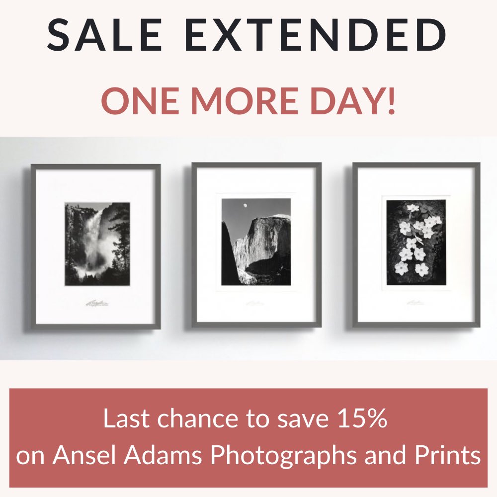 For all those who missed out, you still have time. We've extended our sale one more day! SAVE 15% online on Ansel Adams Photographs and Prints*. Hurry, this deal ends today. shop.anseladams.com/collections/an… * Now through midnight PST end of day. Restrictions apply. #TheAnselAdamsGallery