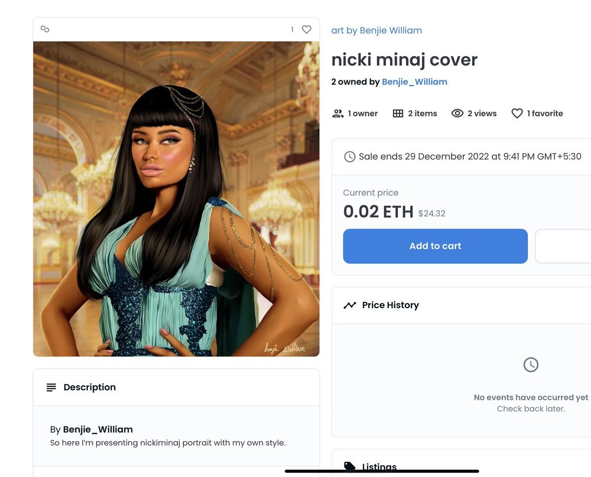 benjie_william's tweet image. Attention guys!!!!!
New drop on @opensea 
* 2 items are available.
*Price: 0.02 Eth ($24.32)
@NICKIMINAJ
Link 🔗 👇
opensea.io/assets/matic/0…

#NFT #NFTsales
#NFTCommunity #NickiMinaj 
#nickiminajfan #FANART #NFTartwork #albumcover