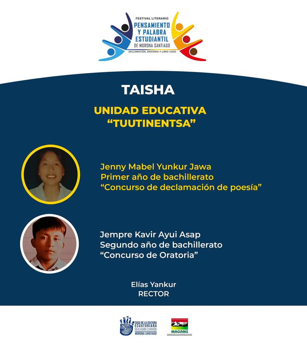 cce_moronastgo's tweet photo. 👏📃 #FestivalLiterario || ¡Presentamos a los  concursantes al Festival Literario "Pensamiento y palabra estudiantil de Morona Santiago", nivel cantonal! https://t.co/5qpLPiYcPg