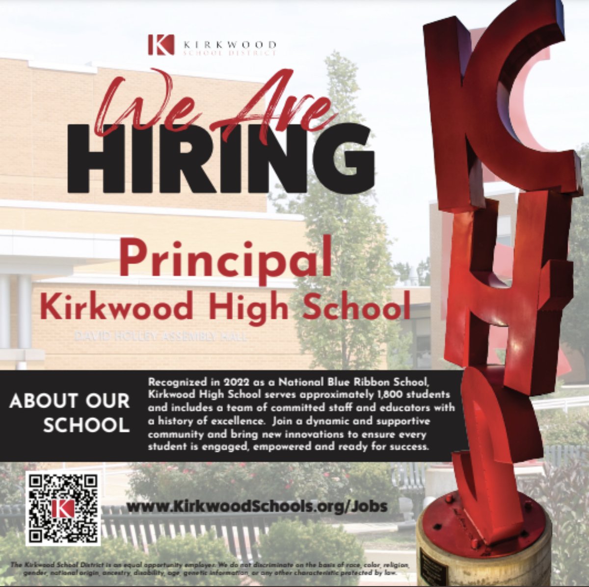 kwoodschools's tweet photo. The Kirkwood School District is seeking an experienced High School Principal to lead school efforts by developing and executing a shared vision and mission for all district goals. https://t.co/Z9jxtwcqkm https://t.co/3mzzD6UVuU