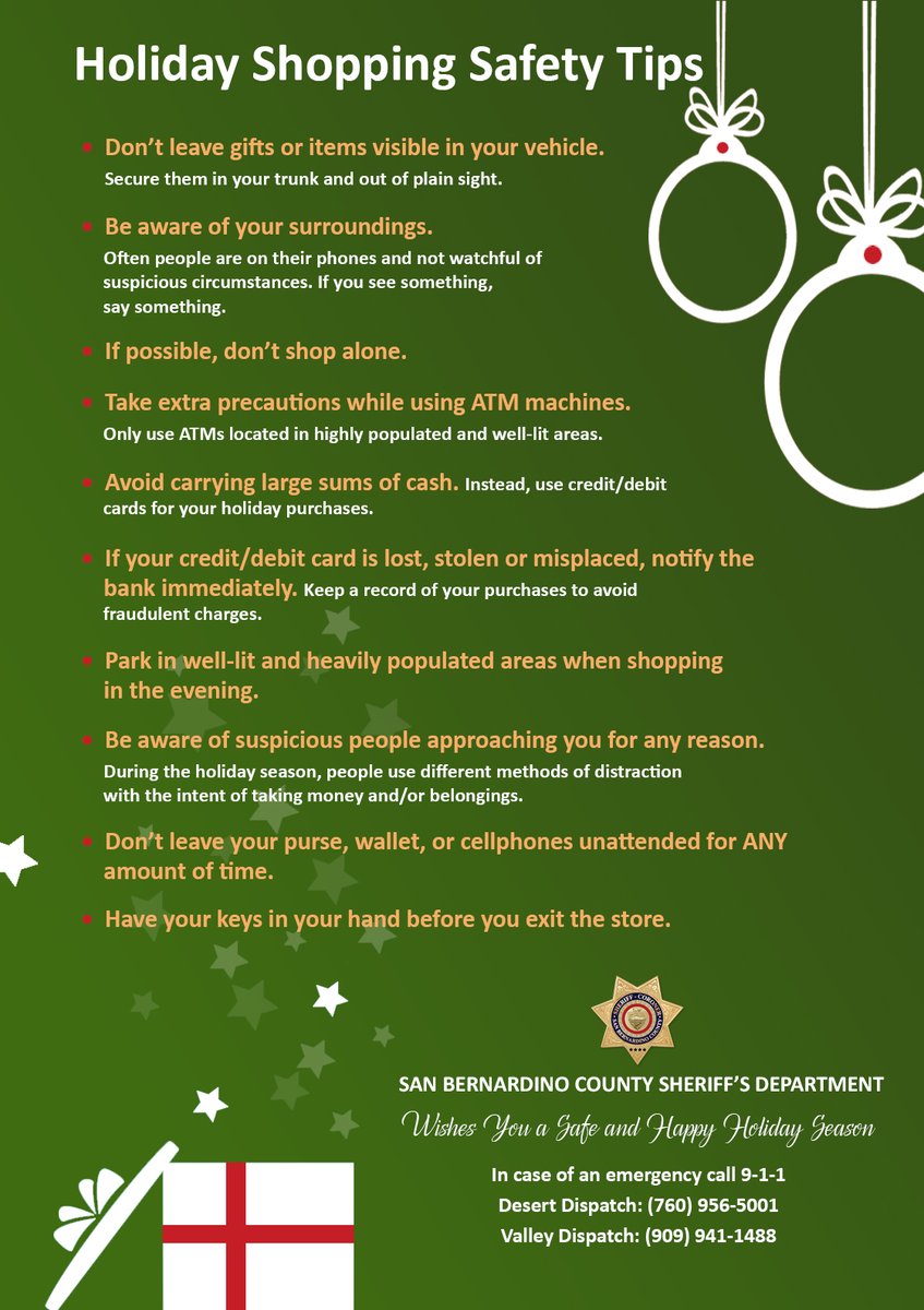 sbcountysheriff's tweet photo. As Christmas nears, we know you will be out and about shopping. Keep these tips in mind to ensure you and your family have a safe and happy holiday season! https://t.co/JnGJfNp2DS