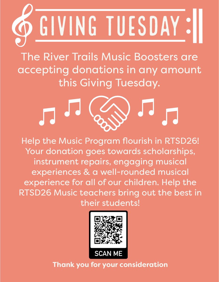 If you’re looking for somewhere to donate on this Giving Tuesday, consider supporting the RTSD26 music program. 🎶 The River Trails Music Boosters are part of the reason why we can offer our students engaging musical opportunities. Any amount helps! bit.ly/3AteqAV