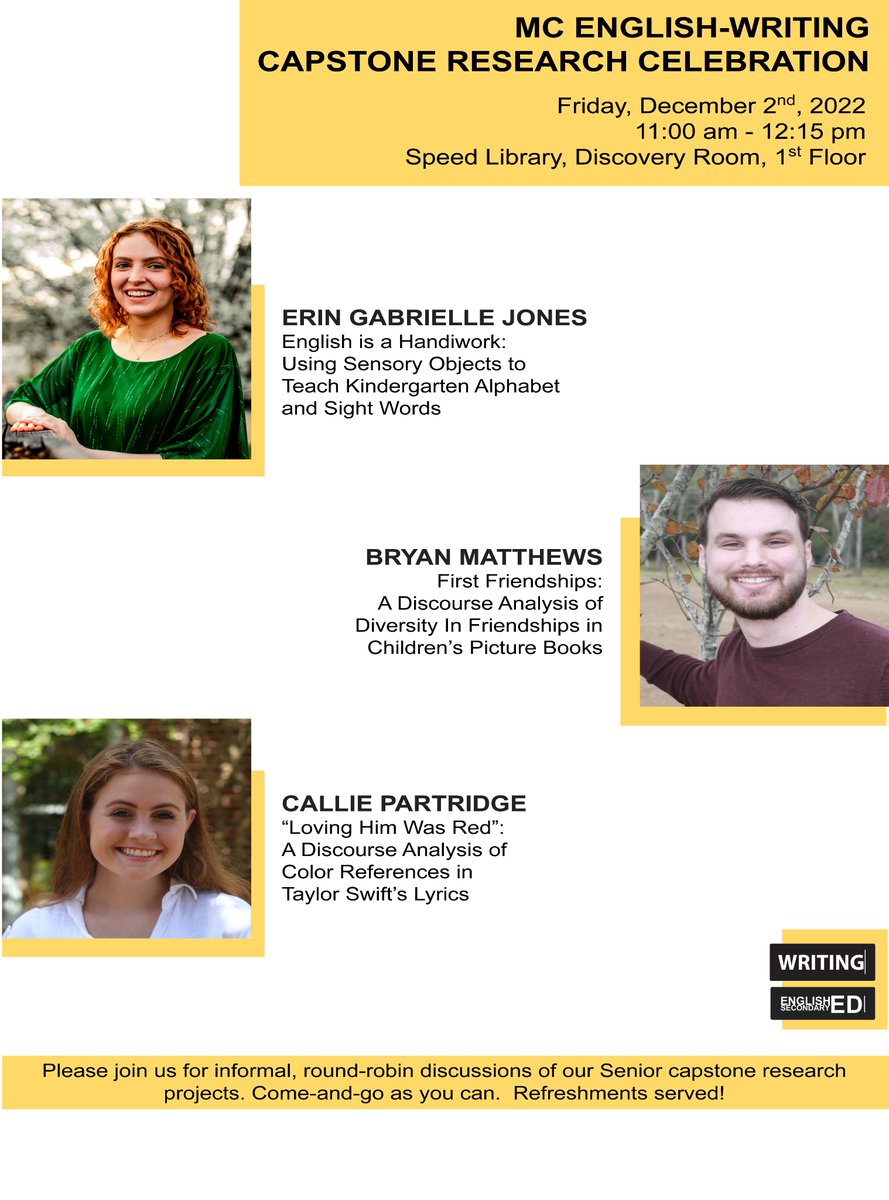 Come join us this Friday, @MissCollege, for the English-Writing Research Celebration, featuring senior projects from the capstone Advanced Research class. We promise lively discussion and refreshments! Everyone welcome. Come and go as you can. <a href="/mc_engphil/">MC Department of English & Philosophy</a>