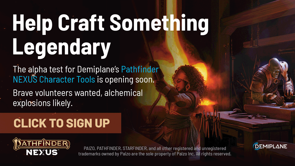 Want to be among the first to try out Demiplane's Pathfinder NEXUS character creation and management tools when the alpha goes live? Hit the link to request access &amp; learn more.
bit.ly/PF2E_character…