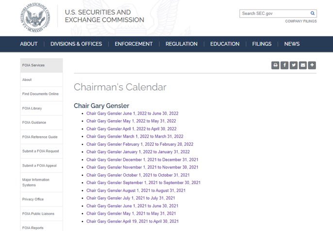 GreenwoodGroup3's tweet photo. @GaryGensler @GaryGensler Why did you stop updating your @SECGov Calendar? Who have you been meeting with the last 4 months that you need to keep a secret, Gary? https://t.co/hhPvXzgPG6