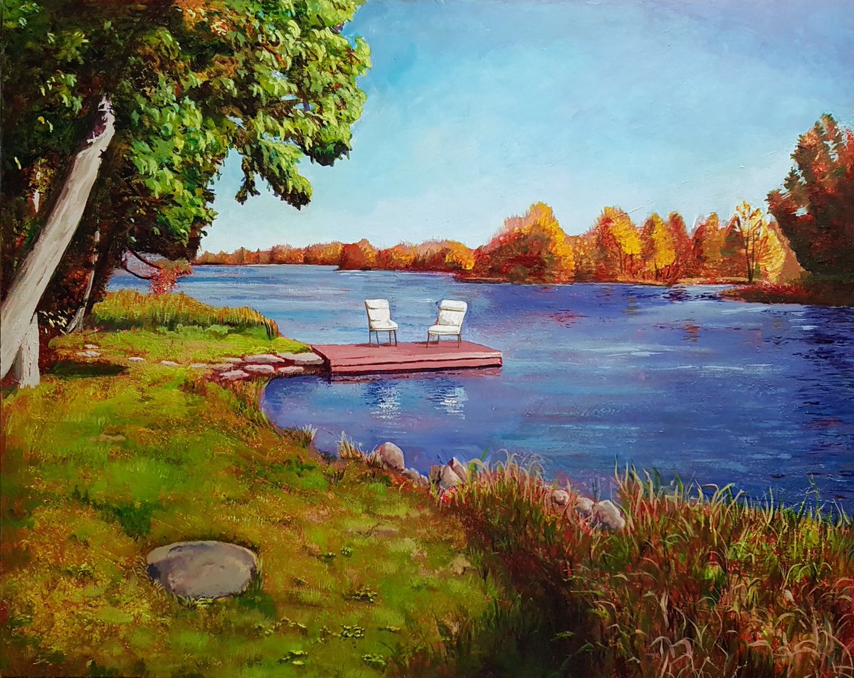 This lovely painting was commissioned by a man who wanted to pay tribute to his family's greatest memories after his parent's passing. "Empty Chairs" immortalizes the summer cabin they used for over 40 years. #ebonyartworkz #acrylicpainting #canadianartist