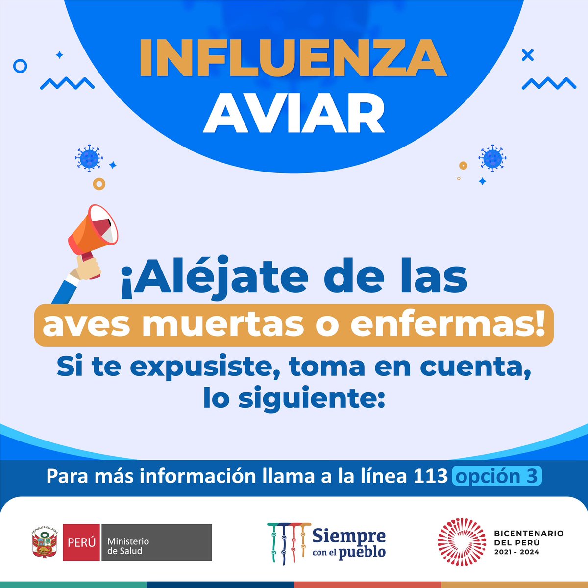 Minsa_Peru's tweet photo. 🔴 ATENCIÓN | ¡Aléjate de las aves muertas o enfermas! 🚫 #InfluenzaAviar 

✅ Si te expusiste, toma en cuenta las siguientes recomendaciones. 👇 https://t.co/PmowxxvM2T