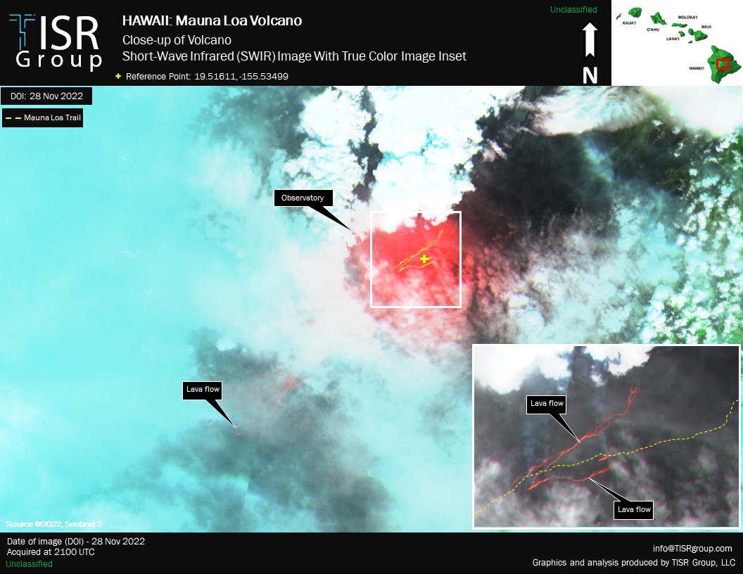TISRfire's tweet image. Close-up graphic of #MaunaLoaVolcano from imagery collected on 28 November 2022 of a short-wave infrared image with a true color inset.
#MaunaLoaVolcano
#HawaiiScience #maunaloa
#MaunaLoaErupts #volcano #hawaii