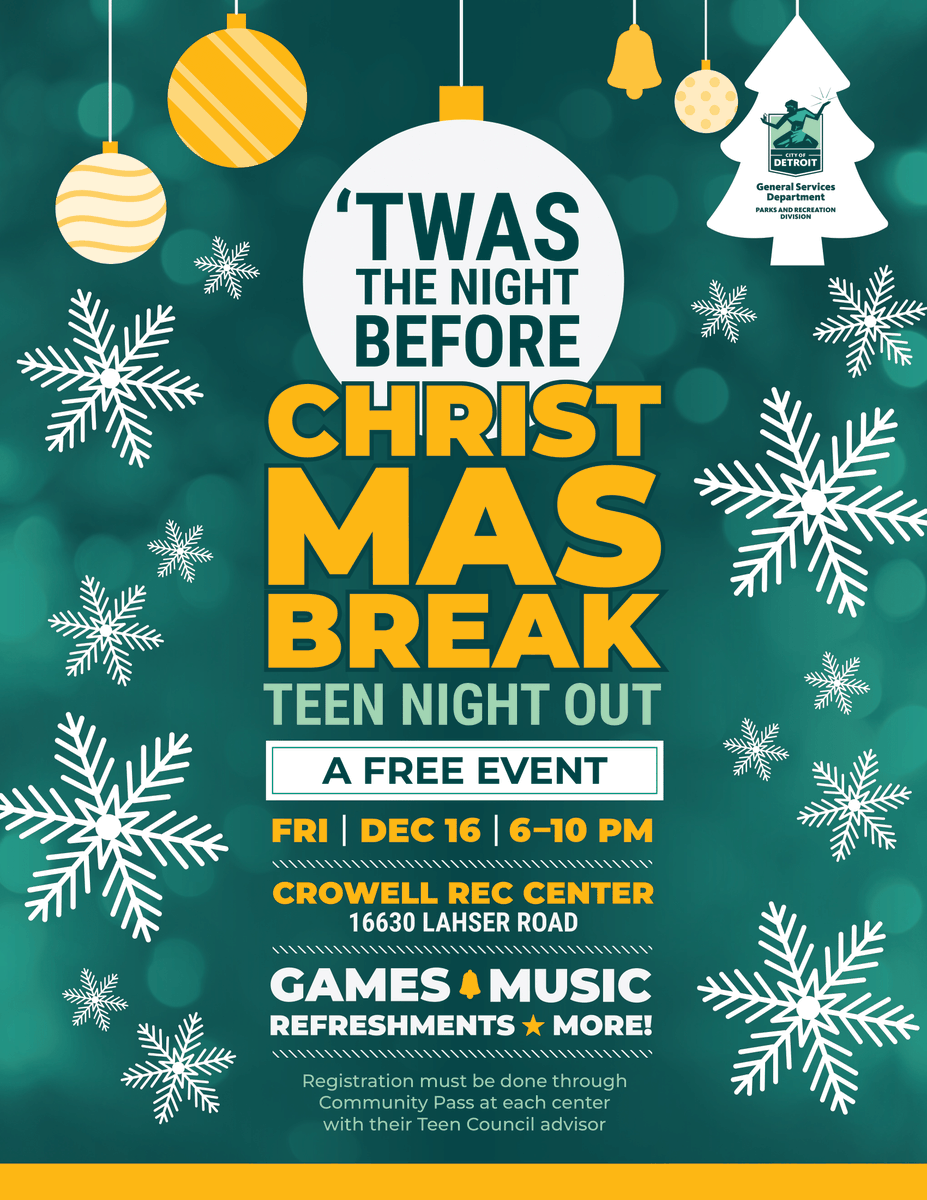 CityofDetroit's tweet photo. #Repost from @DetroitParksRec
#TakePart in Teen Night at #CrowellRec
#FunintheD 🤩
Register for Community Pass and Sign Up for this event 🔥⬇️
https://t.co/4i7D4YPaL9 🤩 https://t.co/DvuE9LQ08o