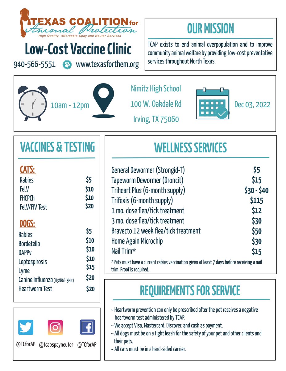 Irving ISD (@irvingisd) on Twitter photo Calling all pet owners! ๐ฑ๐ถ Mark your calendar for the <a href="/Nimitz_PetCare/">Nimitz_PetCare</a> Low-Cost Vaccine Clinic.
๐ Saturday, December 3
โฐ 10 AM - 12 PM
๐Nimitz High School
See below ๐ for a list of services and prices. Calling all pet owners! ๐ฑ๐ถ Mark your calendar for the <a href="/Nimitz_PetCare/">Nimitz_PetCare</a> Low-Cost Vaccine Clinic.
๐ Saturday, December 3
โฐ 10 AM - 12 PM
๐Nimitz High School
See below ๐ for a list of services and prices.