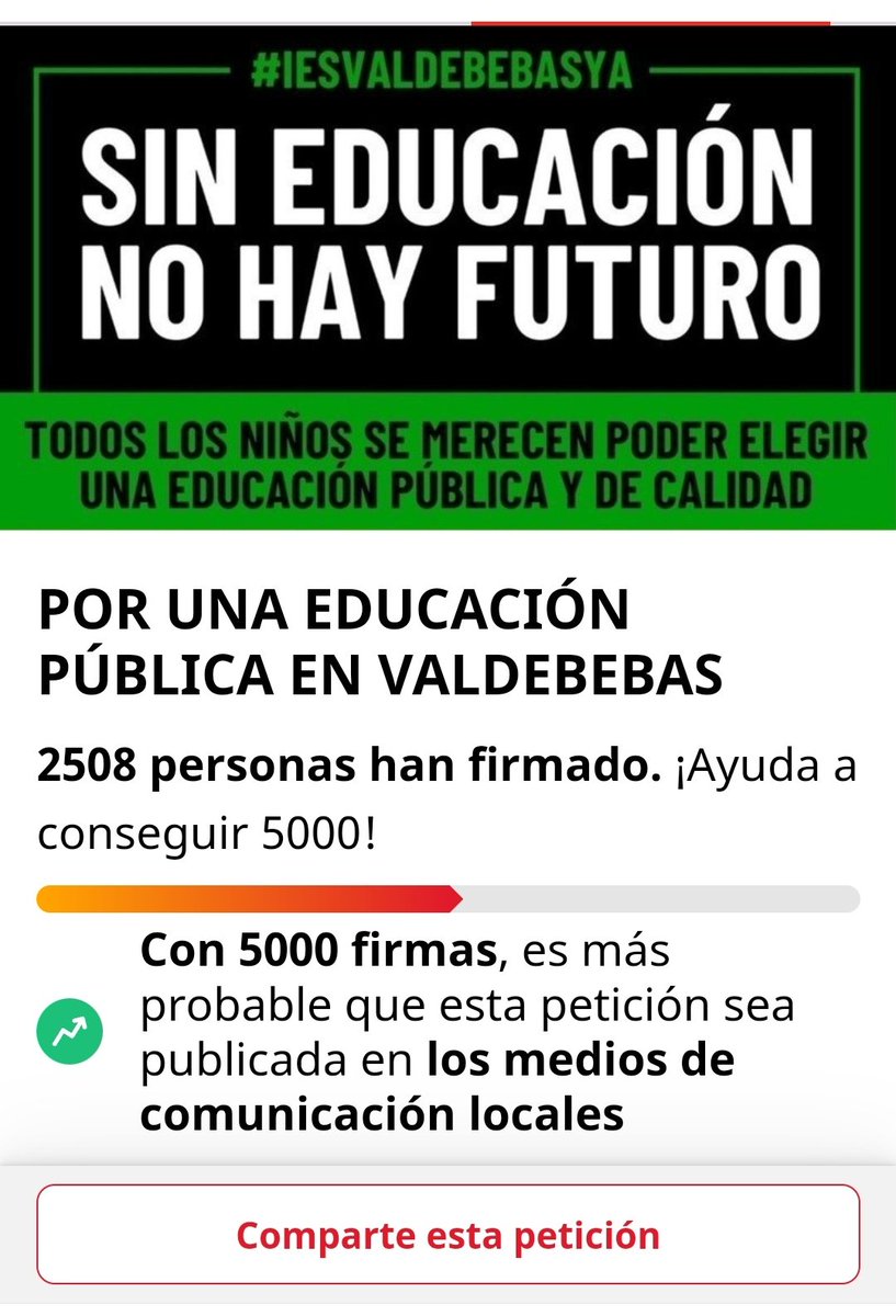 <a href="/IESVdbbYa/">Educación Pública Valdebebas</a> 
Hemos superado las 2500 firmas de apoyo y sumando... Porque somos muchos los que luchamos por una educación Pública
<a href="/IdiazAyuso/">Isabel Díaz Ayuso</a> <a href="/eossoriocrespo/">Enrique Ossorio</a>
