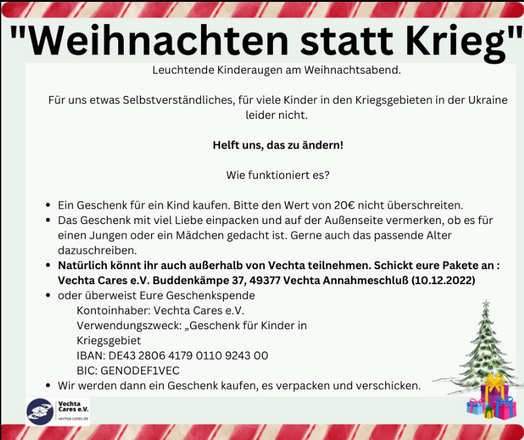 CaresVechta's tweet photo. Unser Verein https://t.co/YHYjTiIOYX organisiert Weihnachtsgeschenke für Kinder in der Ukraine. Wir haben auch einen lokalen Spielzeugladen im Boot, mit dem wir Geschenke aus Geldspenden kaufen und verpacken.  #ukraine #xmas #weihnachten #spende https://t.co/APtbJXMRuu