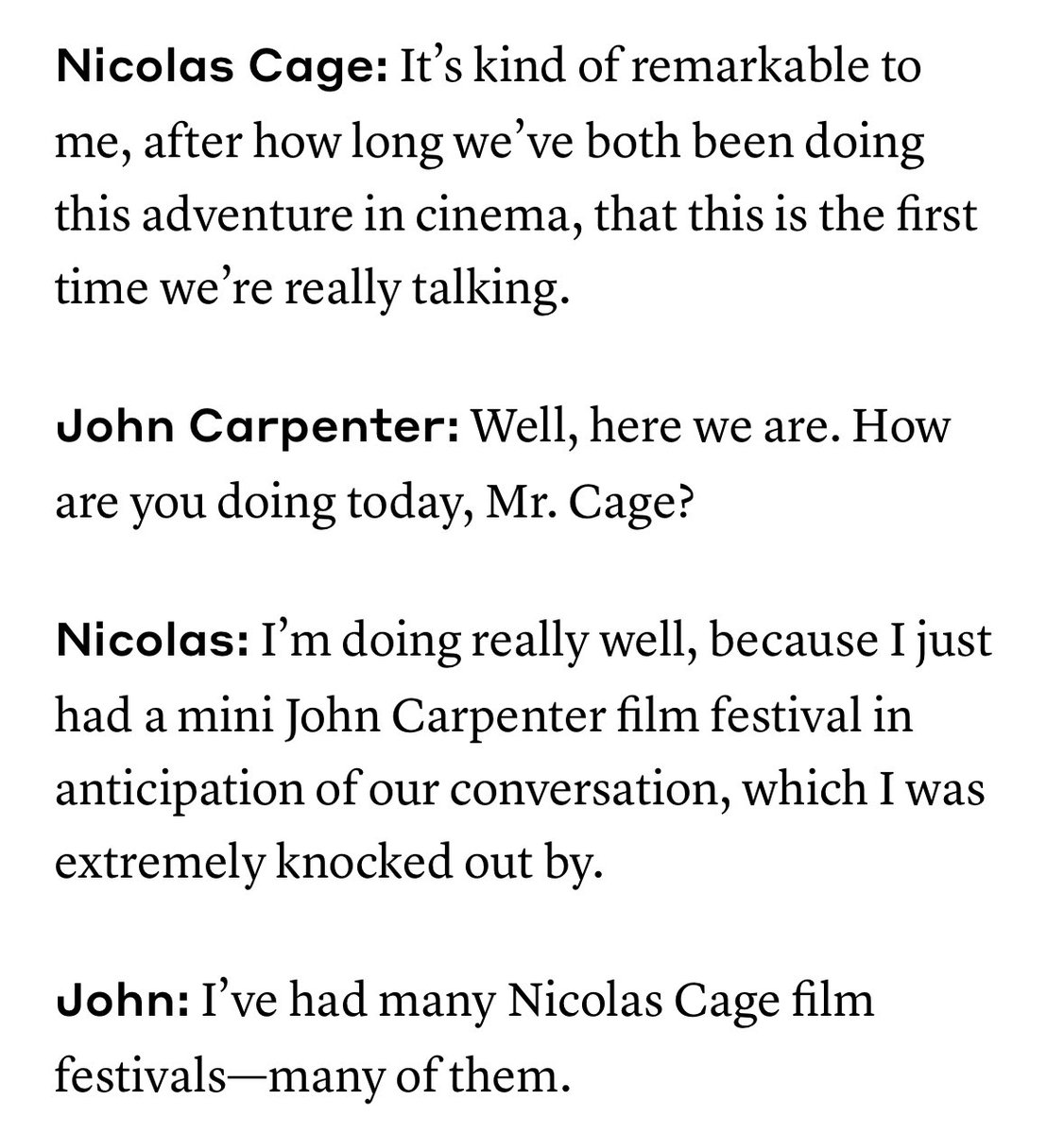 jlalibs's tweet image. this conversation between Nicolas Cage and John Carpenter is just the greatest, sweetest, thing 

documentjournal.com/2022/11/nicola…
