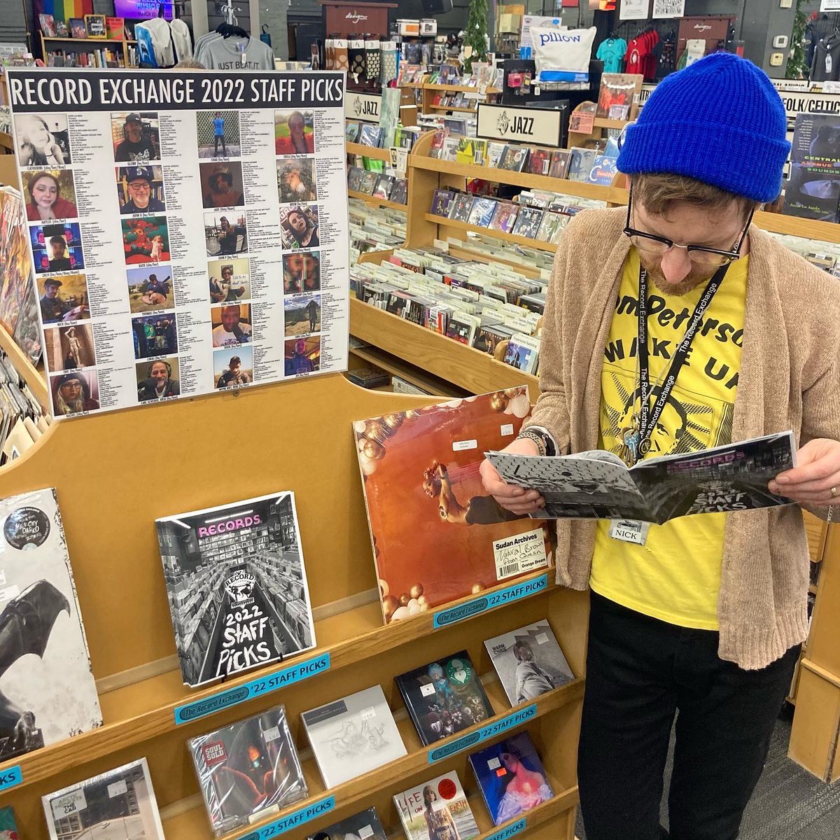 RecordExchange's tweet photo. Instead of boring printouts, this year’s Record Exchange staff picks are available in zine form thanks to the creative moxie of our own Nicky Mustard. Grab one from the 2022 staff picks display near the counter! #rxstaffpicks2022 https://t.co/d0pDMwZarW