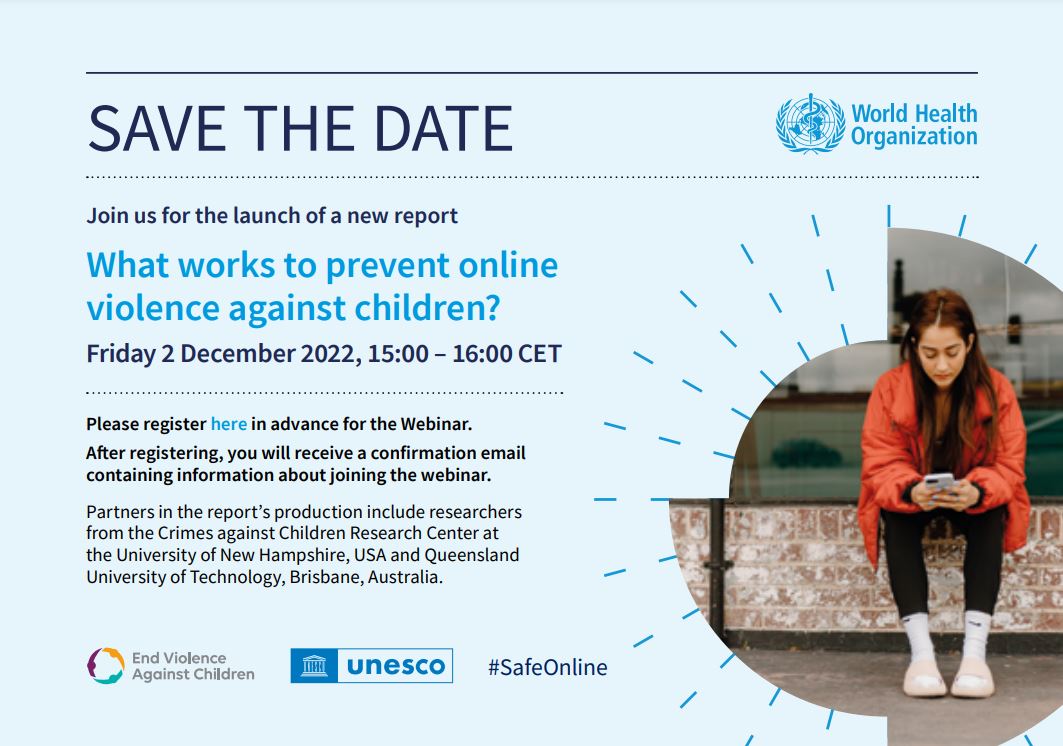 Safe Online (@safeonlinefund) on Twitter photo What works to prevent online violence against children?
Our grantee <a href="/WHO/">World Health Organization (WHO)</a> launches the new report that presents ways to address the growing worldwide concern of keeping children #SafeOnline.
🗓️Dec 2, 3-4 CET
▶️bit.ly/WHO_New_Report What works to prevent online violence against children?
Our grantee <a href="/WHO/">World Health Organization (WHO)</a> launches the new report that presents ways to address the growing worldwide concern of keeping children #SafeOnline.
🗓️Dec 2, 3-4 CET
▶️bit.ly/WHO_New_Report