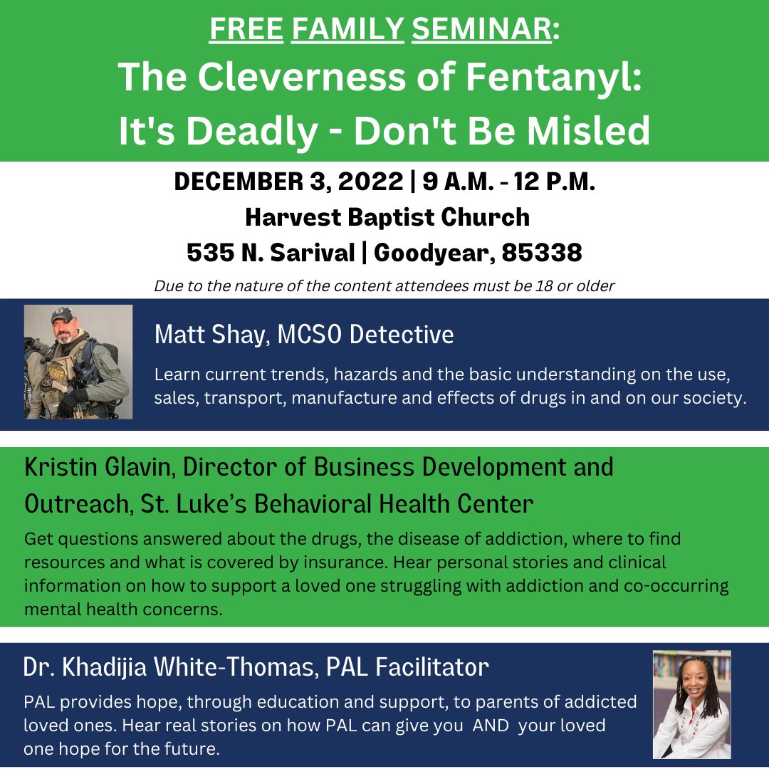 PALGivesHope's tweet photo. Join us THIS SATURDAY for a FREE seminar on current drug trends &amp; hazards, substance use &amp; recovery. 

Have your questions answered by the pros!

Must be 18 or older to attend.

#substanceusedisorder
#parentshelpingparents
#education
#fetnanyl
#MCSOAZ  #StLukesBehavioralCenter https://t.co/ZlcGB0nXIB