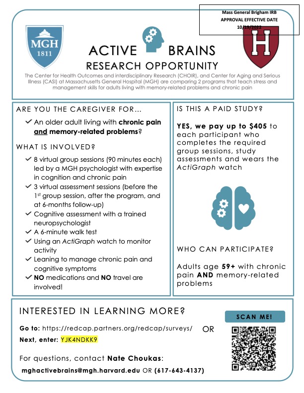 Do you or a loved one (age 59+) have pain and memory problems? Want to get a fresh start on the New Year? <a href="/MGH_Choir/">MGH CHOIR</a> is recruiting for a new group treatment program! Click the link to learn more! Please RT! <a href="/MGHPsychiatry/">MGH Psychiatry</a>

redcap.partners.org/redcap/surveys/
Access Code: YJK4NDKK9