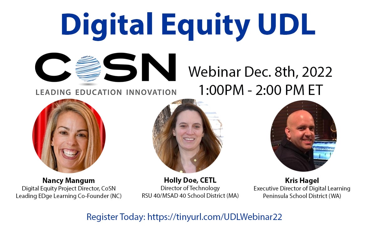 On 12/8, listen to <a href="/nmangum/">Nancy Mangum</a> <a href="/techholly/">Holly Doe</a> &amp; <a href="/KrisHagel/">Kris Hagel</a> discuss leaders having a Universal Design for Learning (UDL) mindset to reduce barriers for all learners to have equitable access to educational materials &amp; resources -- ow.ly/TNq350LQzHK #DigitalEquity #UDL <a href="/keithkrueger/">Keith Krueger</a>